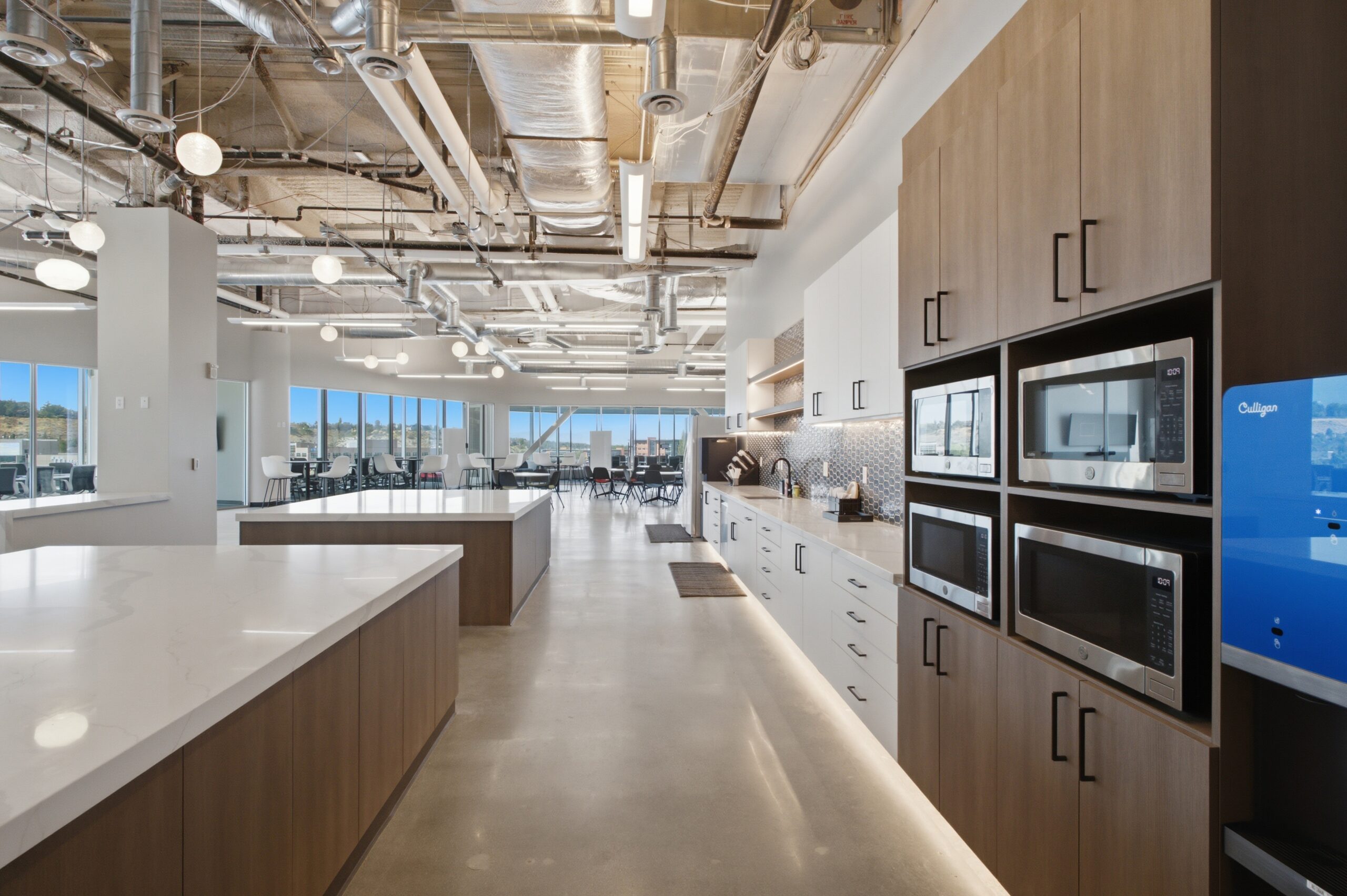 Kitchen island seating in the 50 seat employee hub
