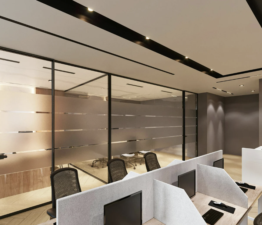 Glass partition walls bringing daylight into an office